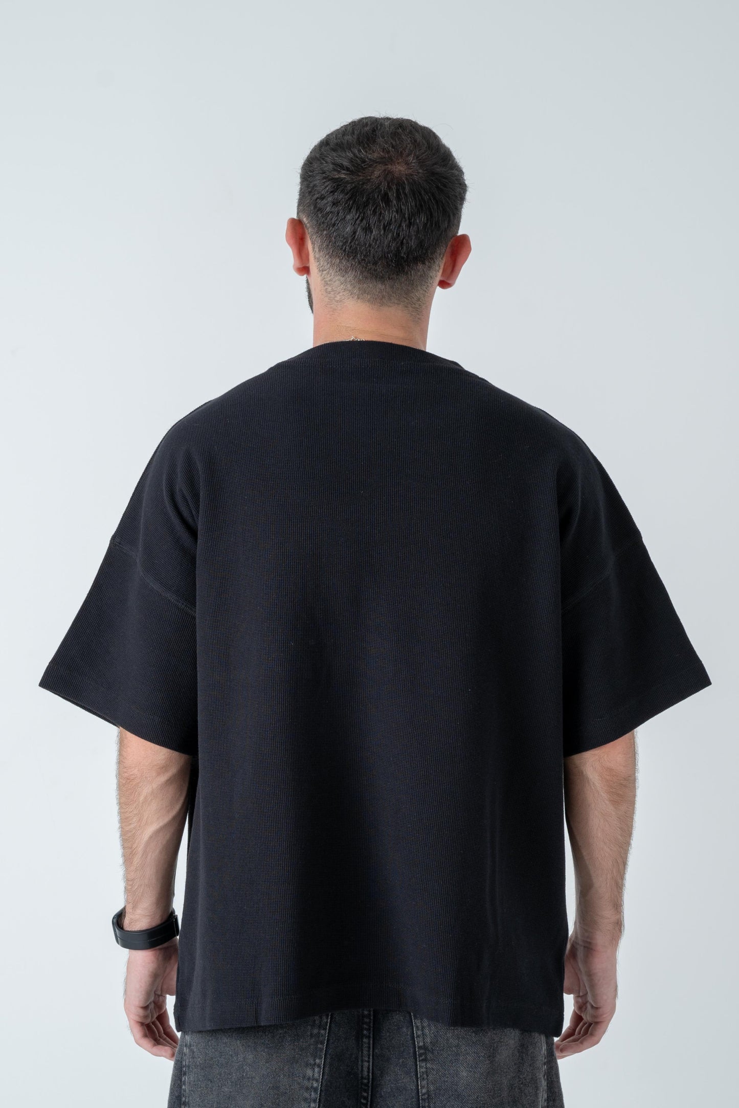 Black Waffle-Knit Oversized Tee