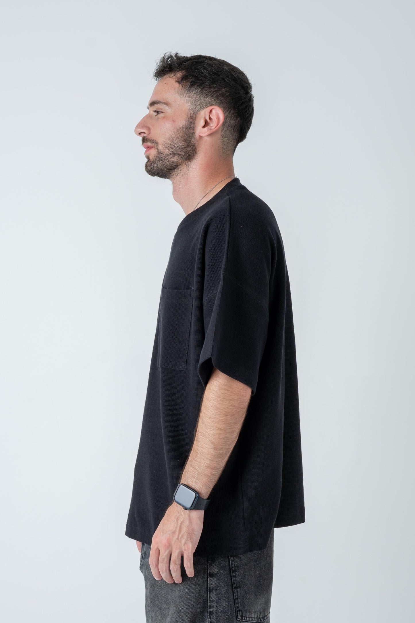 Black Waffle-Knit Oversized Tee
