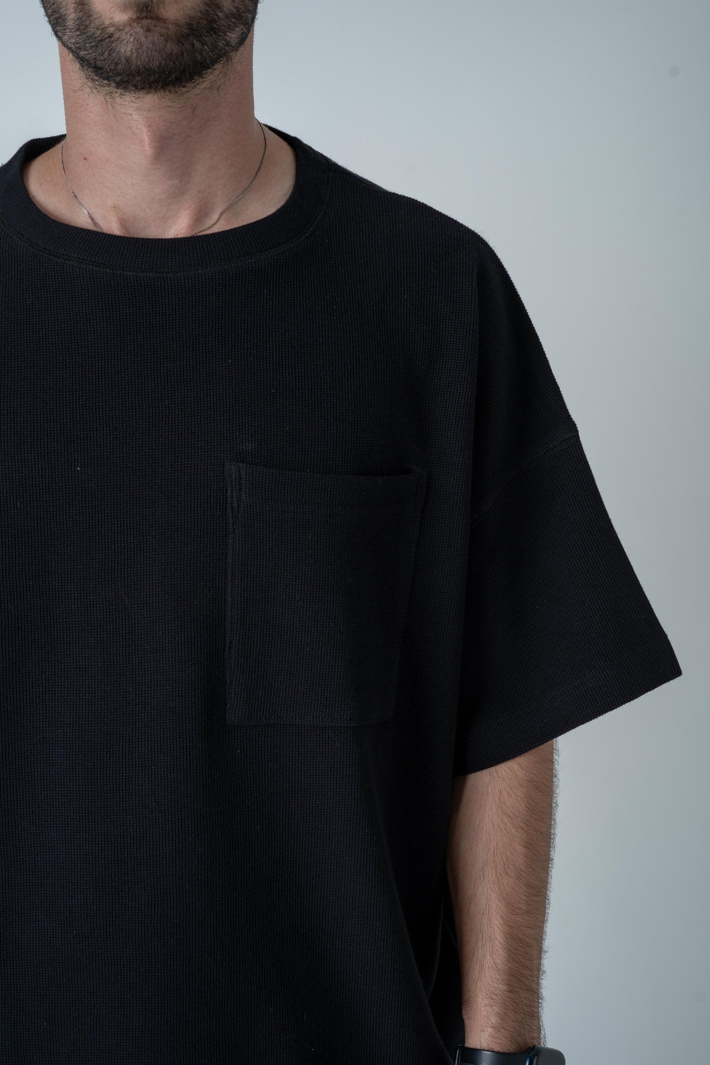 Black Waffle-Knit Oversized Tee