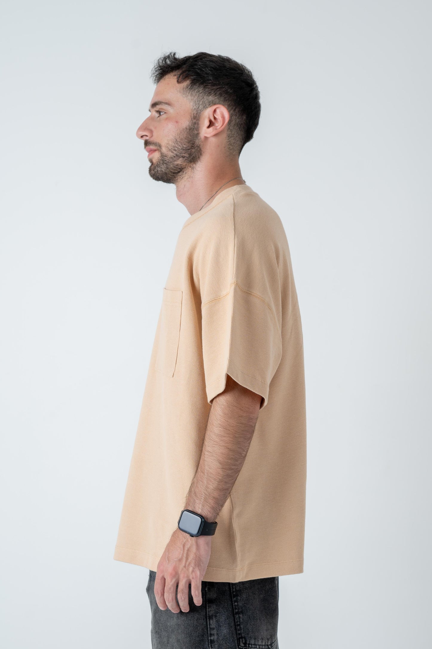 Beige Waffle-Knit Oversized Tee