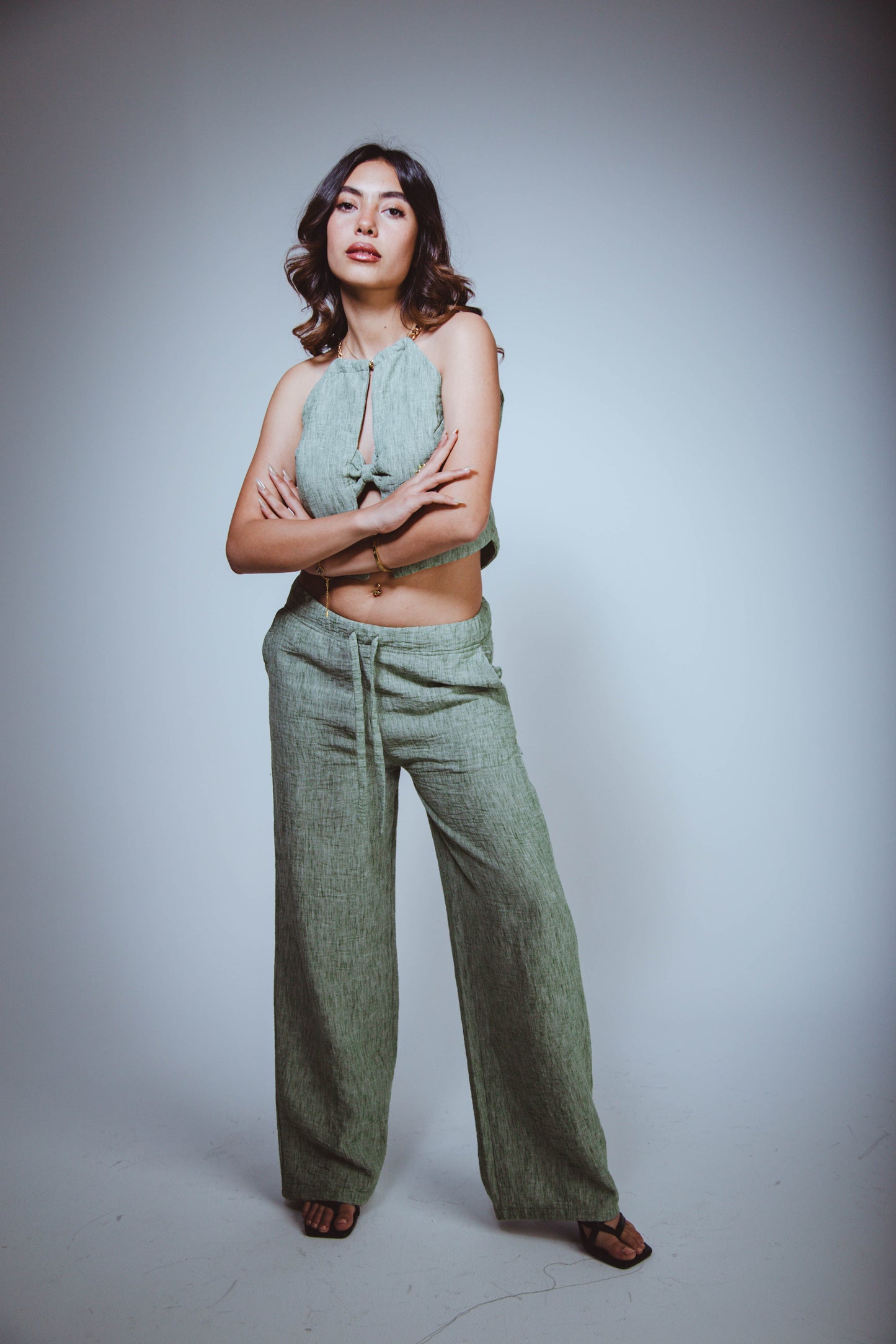W Olive Green Linen Pants