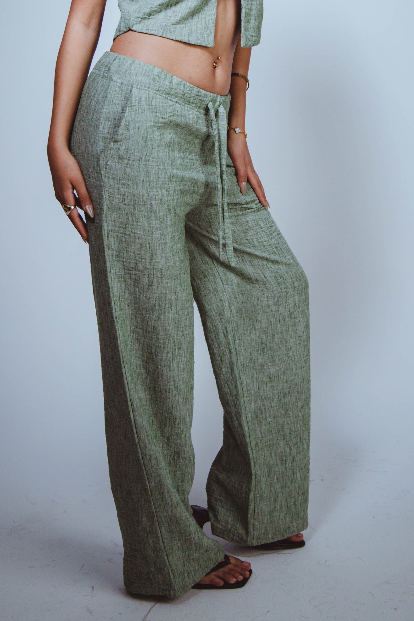 W Olive Green Linen Pants