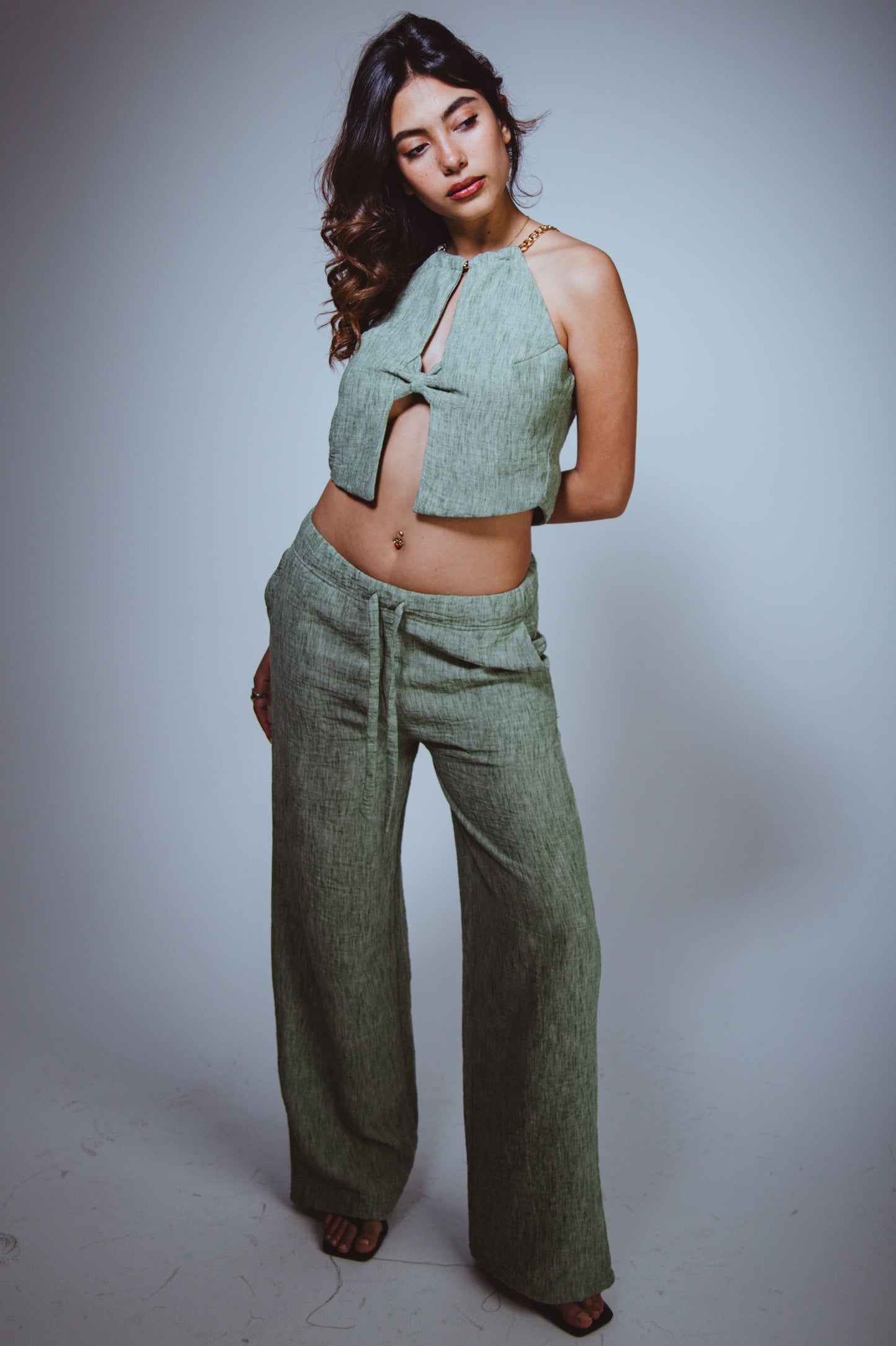 Olive Green Linen Chain Top