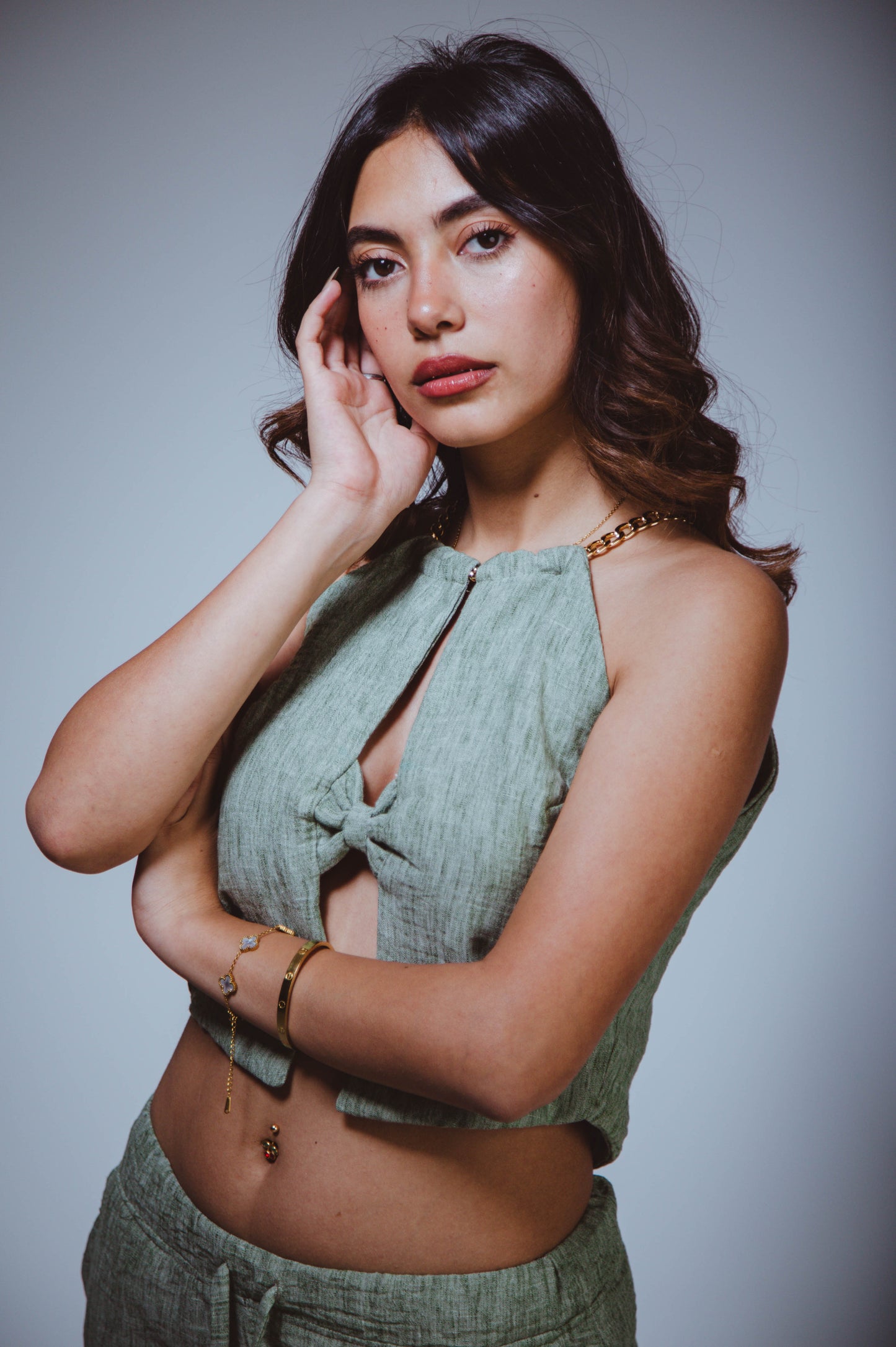 Olive Green Linen Chain Top