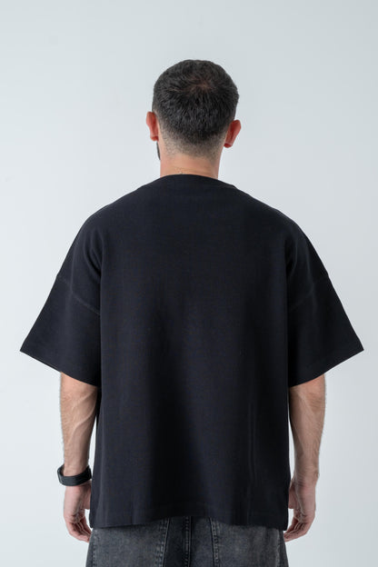 Black Waffle-Knit Oversized Tee