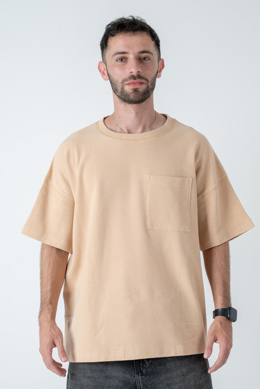 Beige Waffle-Knit Oversized Tee