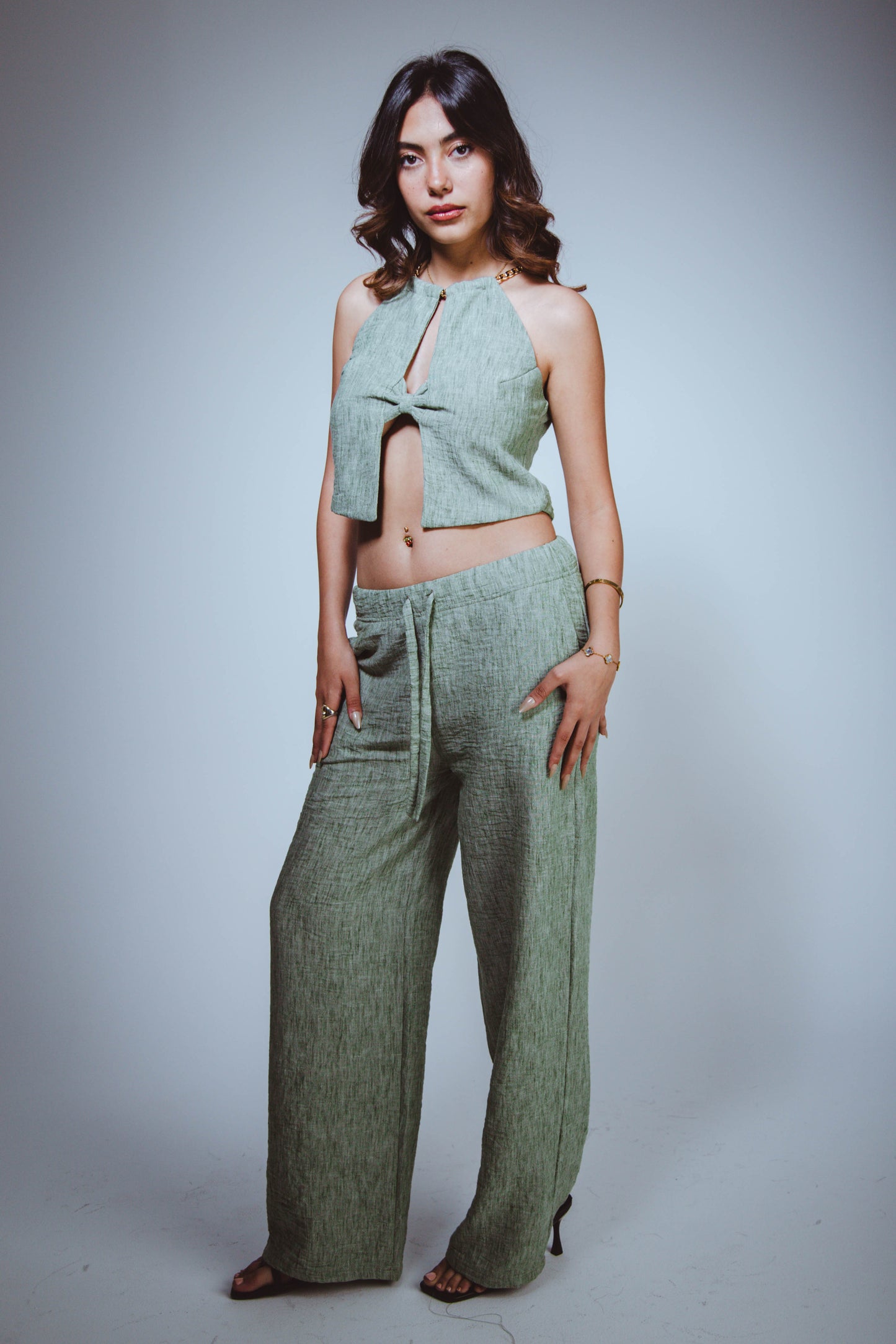 W Olive Green Linen Set