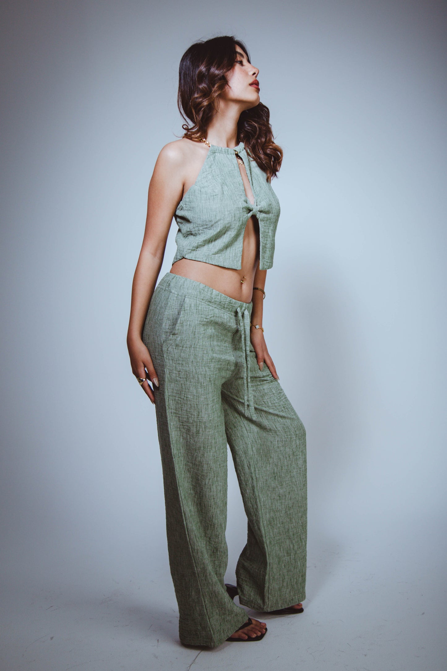 W Olive Green Linen Set
