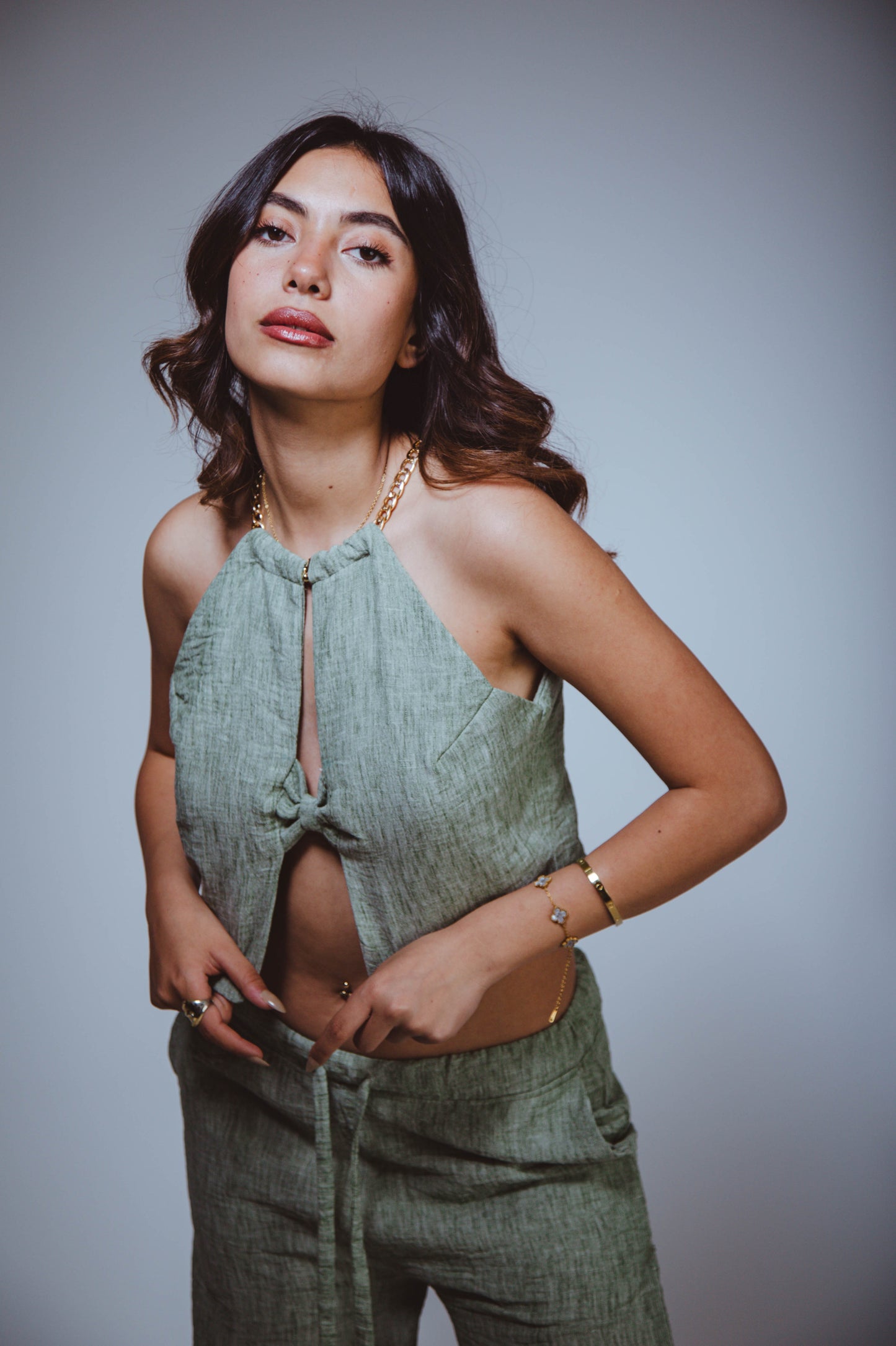 W Olive Green Linen Set