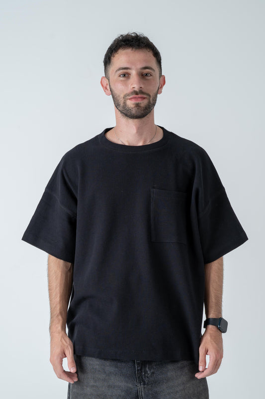 Black Waffle-Knit Oversized Tee
